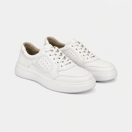 Beyaz Deri Yüksek Tabanlı Unisex Sneaker - açılı görünüm