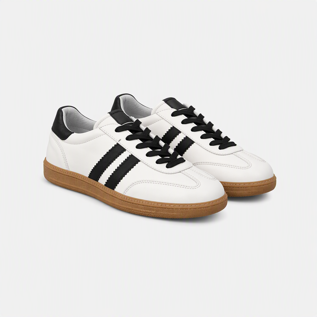Beyaz Siyah Şeritli Karamel Tabanlı Retro Unisex Sneaker - yan görünüm