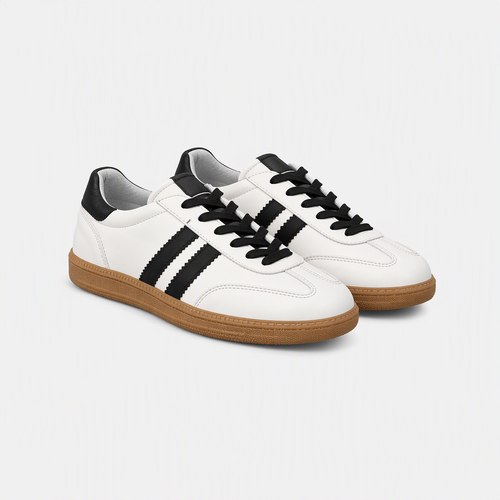 Beyaz Siyah Şeritli Karamel Tabanlı Retro Unisex Sneaker - yan görünüm