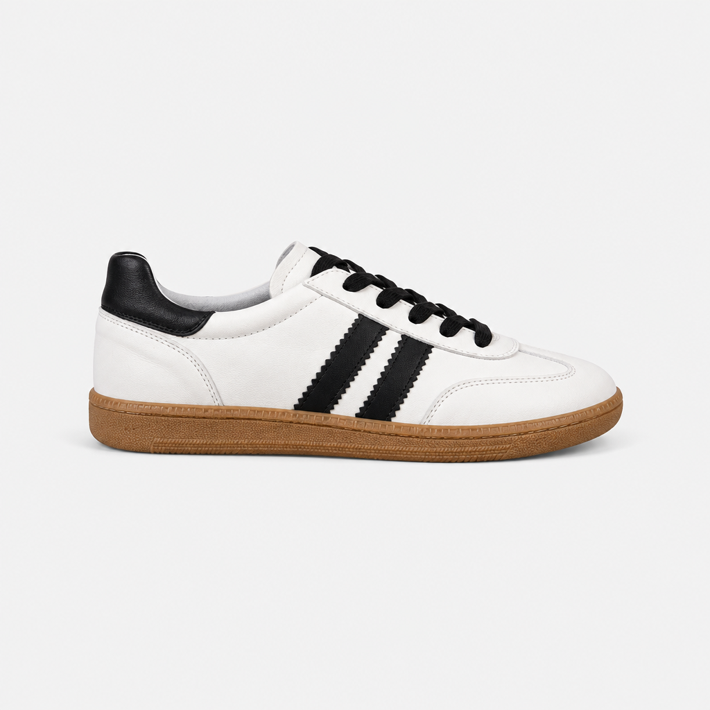 Beyaz Siyah Şeritli Karamel Tabanlı Retro Unisex Sneaker - açılı görünüm