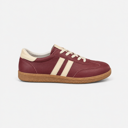 Bordo Krem Şeritli Karamel Tabanlı Retro Unisex Sneaker - açılı görünüm