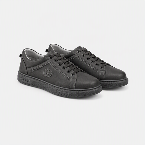 Hakiki Deri Antrasit Logo İşlemeli Erkek Sneaker - açılı görünüm