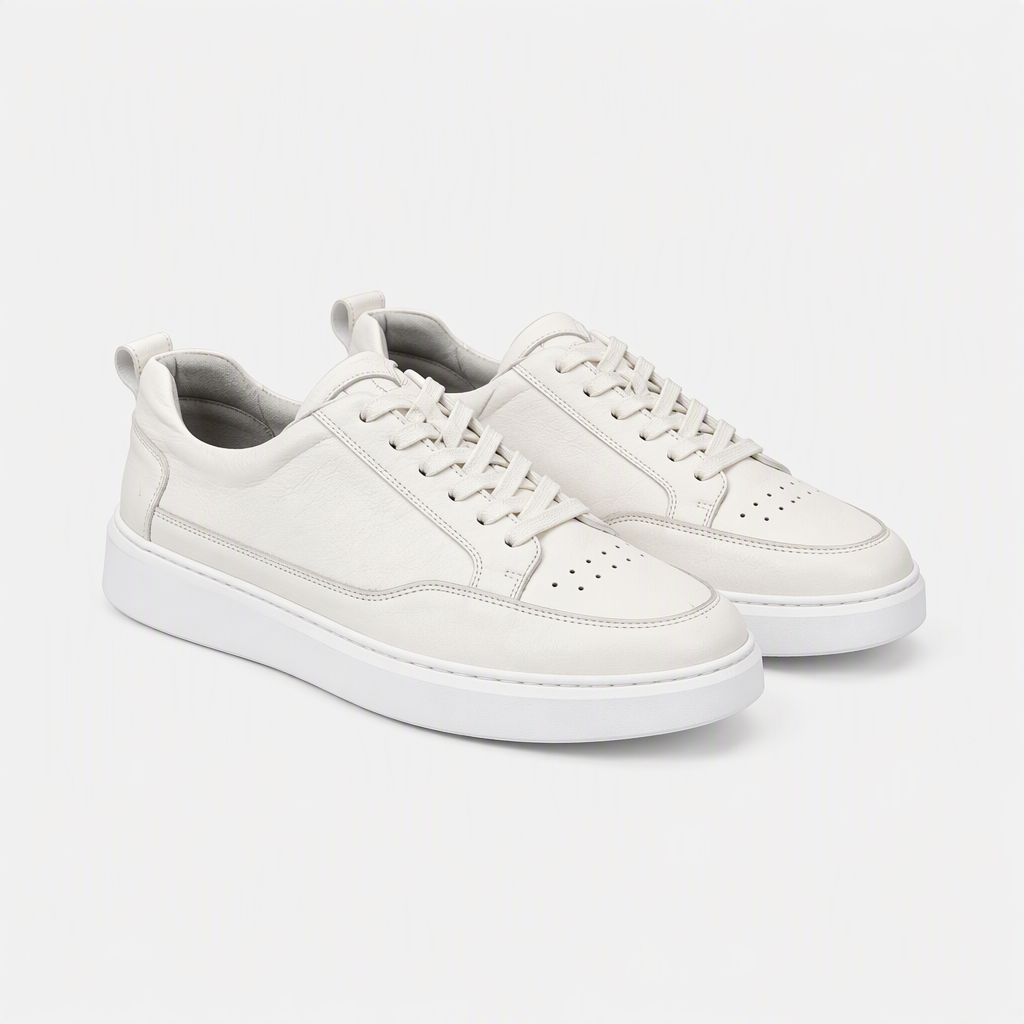Hakiki Deri Beyaz Bağcıklı Erkek Sneaker - açılı görünüm