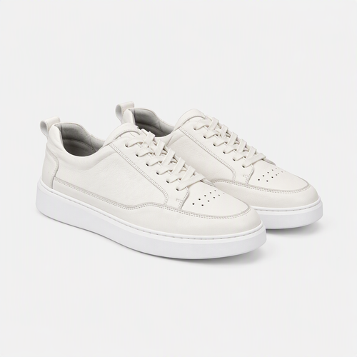 Hakiki Deri Beyaz Bağcıklı Erkek Sneaker - açılı görünüm