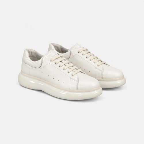 Hakiki Deri Beyaz Kalın Tabanlı Erkek Sneaker - açılı görünüm