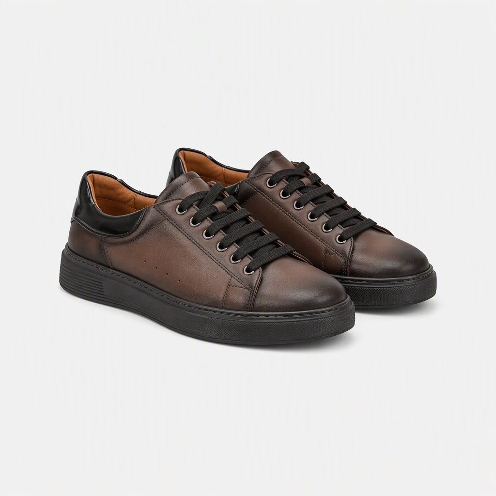 Hakiki Deri Kahve Siyah Tabanlı Erkek Sneaker - açılı görünüm