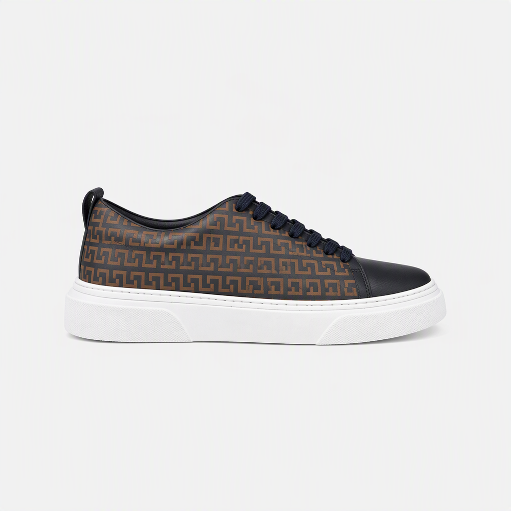 Kahve Desenli Lacivert Deri Beyaz Tabanlı Erkek Sneaker - yan görünüm