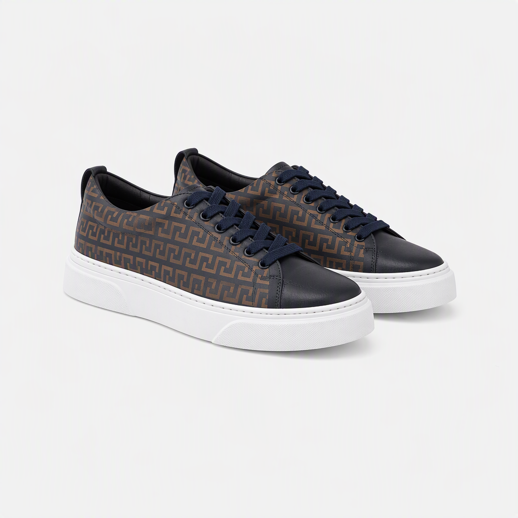 Kahve Desenli Lacivert Deri Beyaz Tabanlı Erkek Sneaker - açılı görünüm