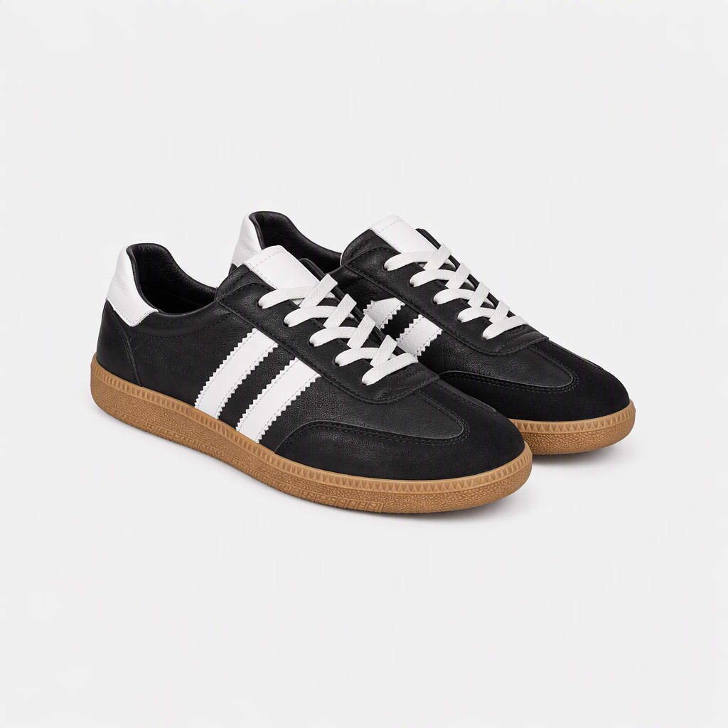 Siyah Beyaz Şeritli Karamel Tabanlı Retro Unisex Sneaker - yan görünüm