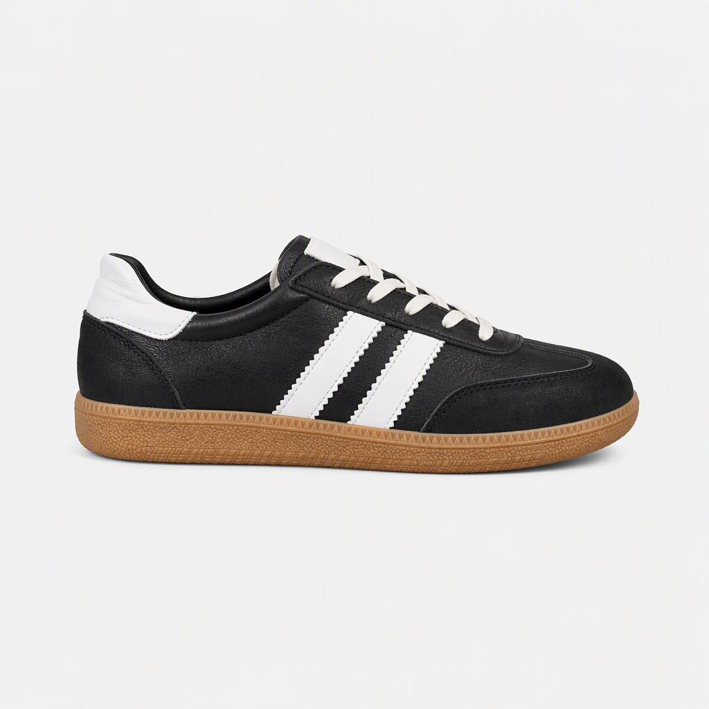 Siyah Beyaz Şeritli Karamel Tabanlı Retro Unisex Sneaker - açılı görünüm