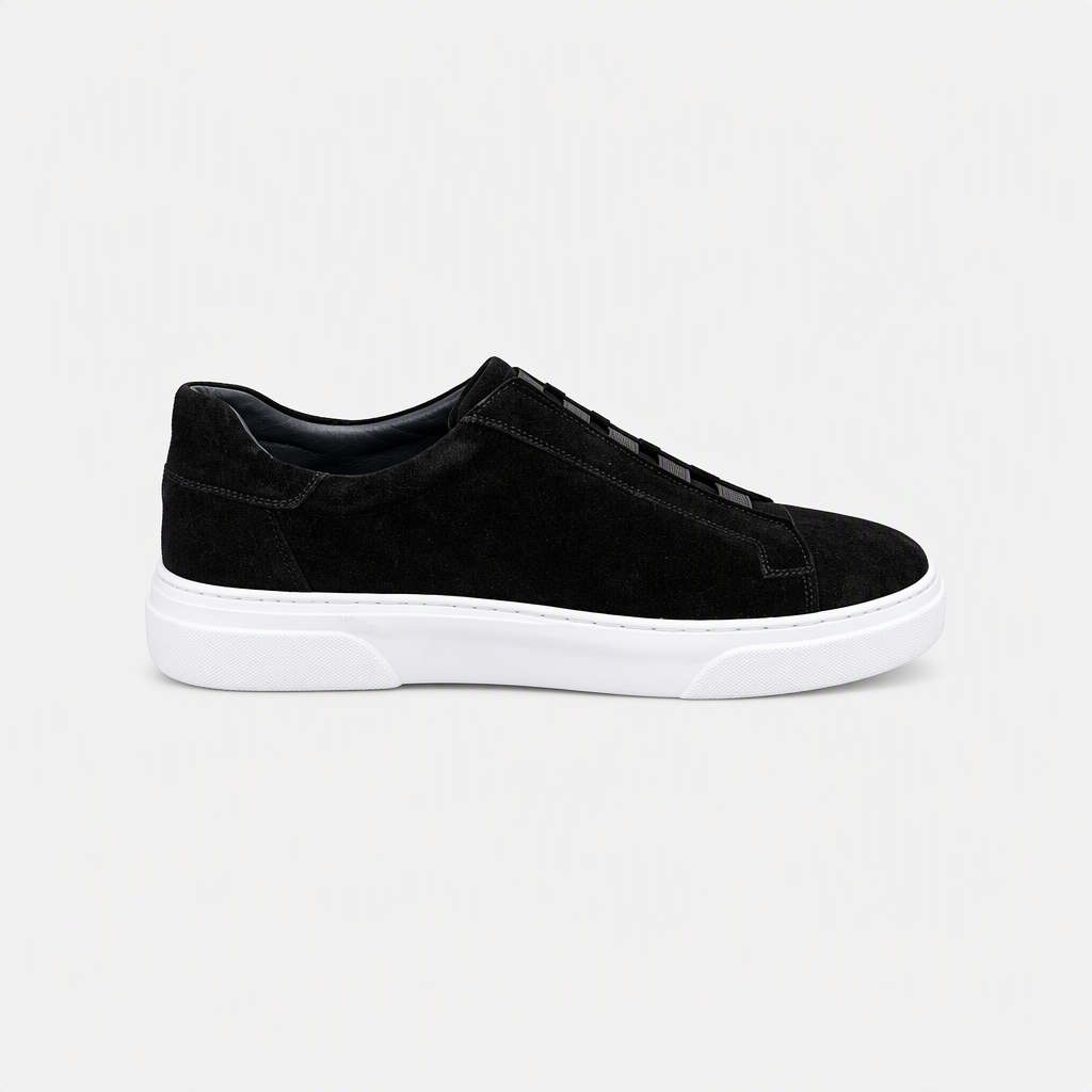 Süet Siyah Bağcıksız Beyaz Tabanlı Erkek Sneaker - açılı görünüm